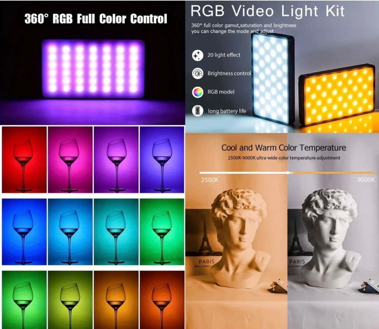 LED Color RGB Light, 1800mAh Rechargeable, Dimmable, 3 Cold Shoe, 1/4 Screw Hole 1250 Ix Camera LED Light