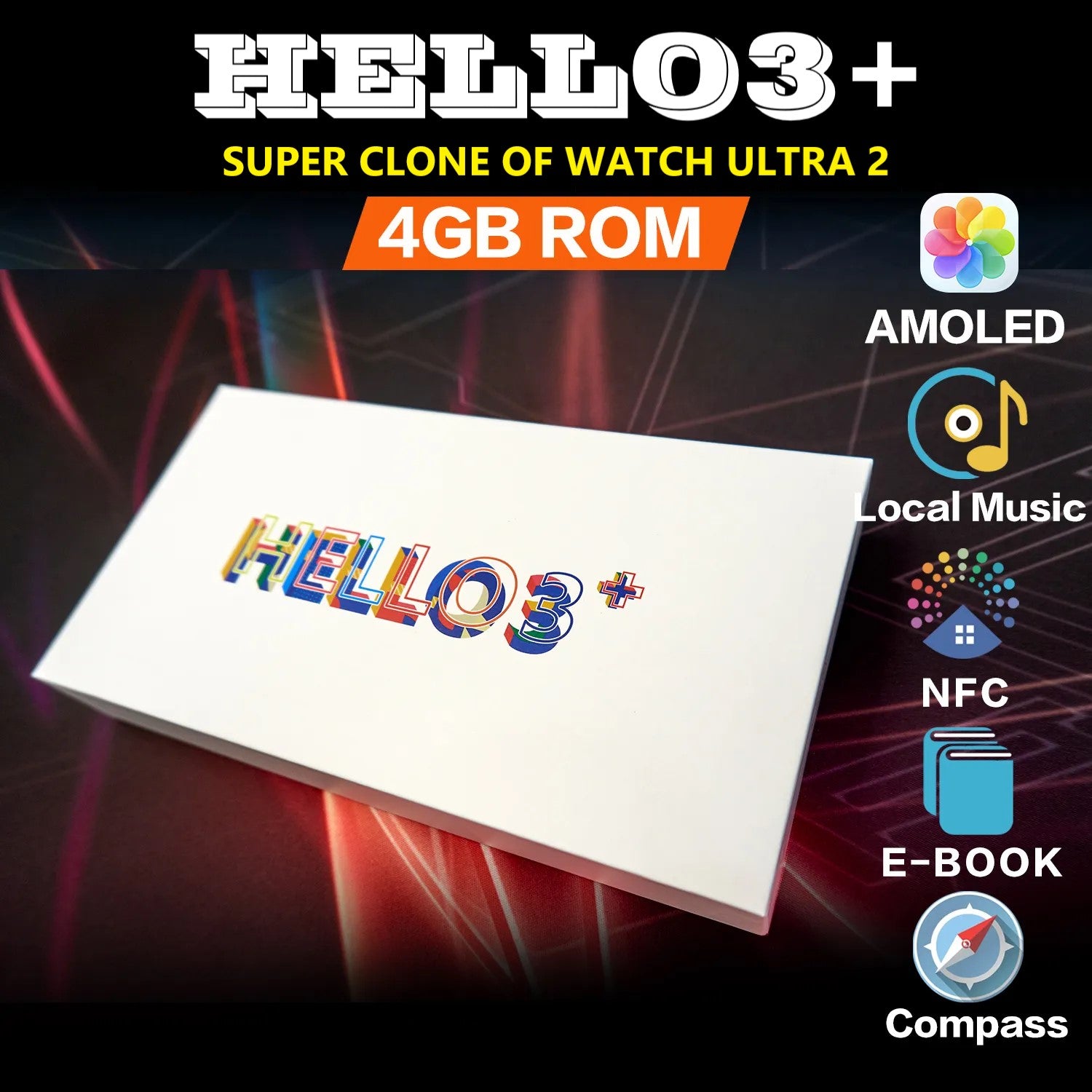 Hello Watch 3 Plus Ultra Smart Watch Men AMOLED NFC Compass Smartwatch Always on Display 4GB ROM Local Music for Android IOS New Hello watch 3 +