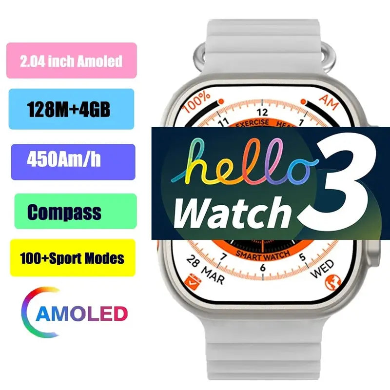 Hello Watch 3 Plus Ultra Smart Watch Men AMOLED NFC Compass Smartwatch Always on Display 4GB ROM Local Music for Android IOS New Hello watch 3 +