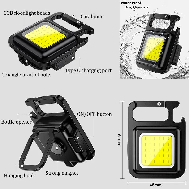 Mini COB Keychain Light 3 Modes USB Rechargeable Work Lights Multifunctional Hiking Camping Portable Lamp Magnet Torches Lamps
