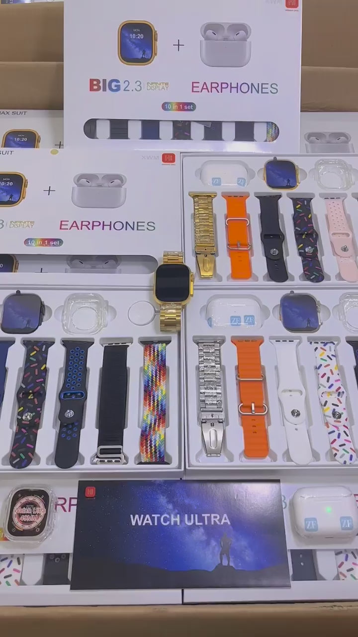 i20 Ultra MAX Suit(10 in 1 Set) SmartWatch + Aiir pods Pro with Transparent Screen Guard Watch with Seven Decorated Straps Rjmobile01